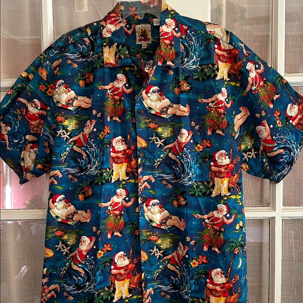 VTG ‘80’s Max Boxxer Men’s XXL Hawaiian Aloha Christmas Surfin Santa Shirt Blue